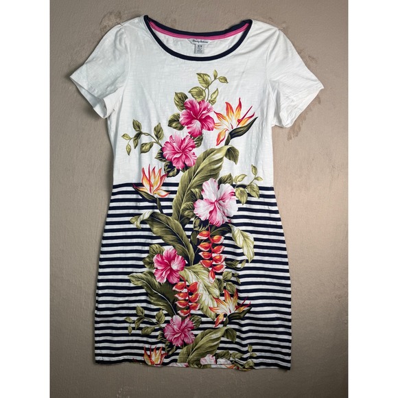 Tommy Bahama Dresses & Skirts - Tommy Bahama Kahuna Cotton Floral Stripe T-Shirt Dress Womens M White Navy